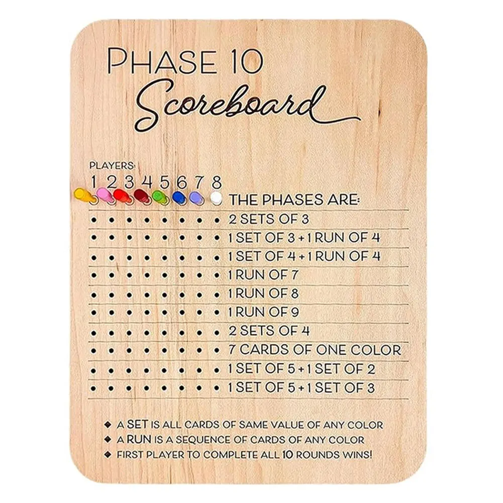 

Wooden Phase 10 Scoreboard and Round Tracker With 8 Colored Pegs Table Board Card Game Board Card Game for Party Family Adults