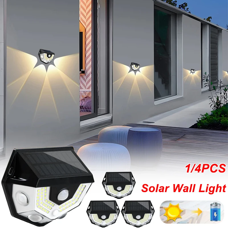

1-4 упаковки солнечных светодиодных настенных светильников с датчиком движения 270 ° Широкий свет, 3 режима освещения, IP65, водонепроницаемый для садового гаража, наружного забора