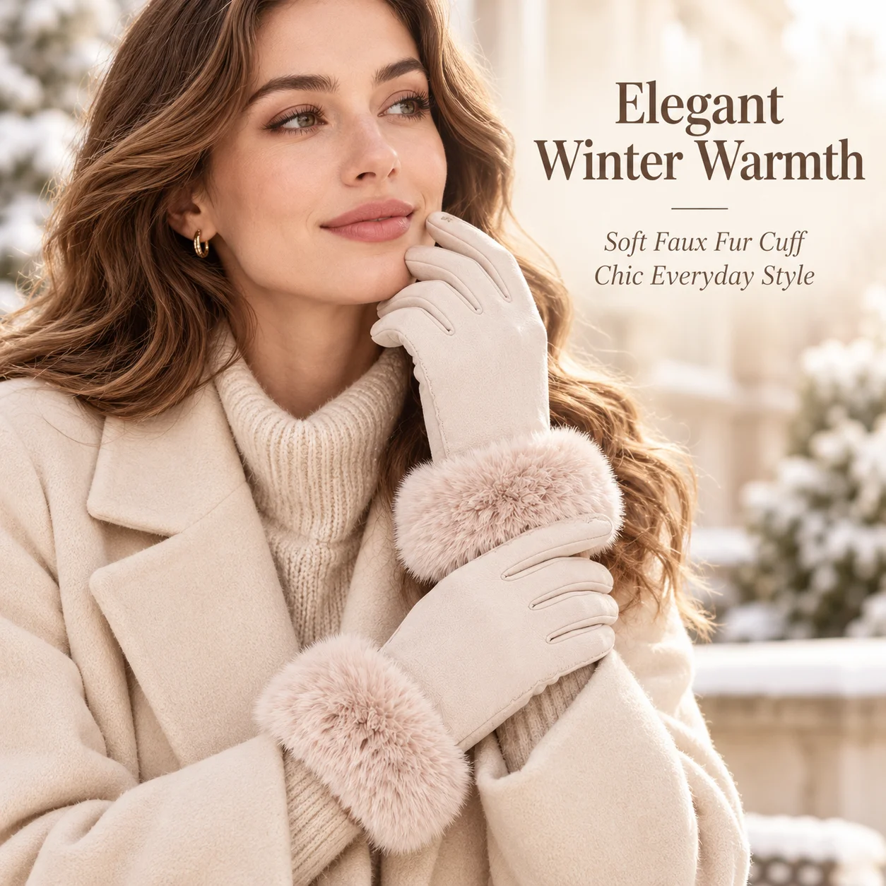 Women Fashion Winter Gloves Warm Faux Leather Gloves with Soft Faux Fur Trim Full Finger Gloves Multiple Colors for Ladies