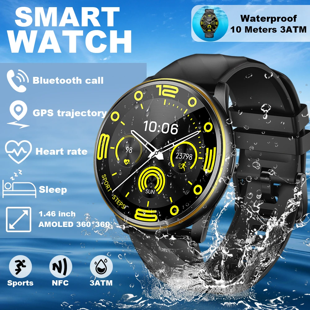 Smart Watch Men 3ATM Waterproof Watches AMOLED 360*360 Screen GPS Track Bluetooth Call Health Monitoring Sports Smartwatch 2024