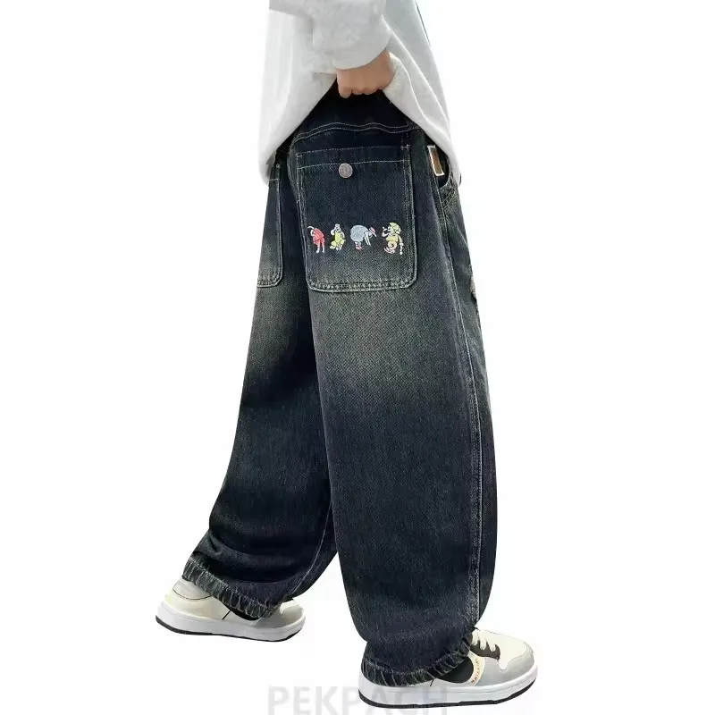 Fashion Boy Hip Hop Cartoon Pattern Pocket Jeans for Kids y2k Retro Baggy Dark Blue Denim Pants Children School Casual Trousers