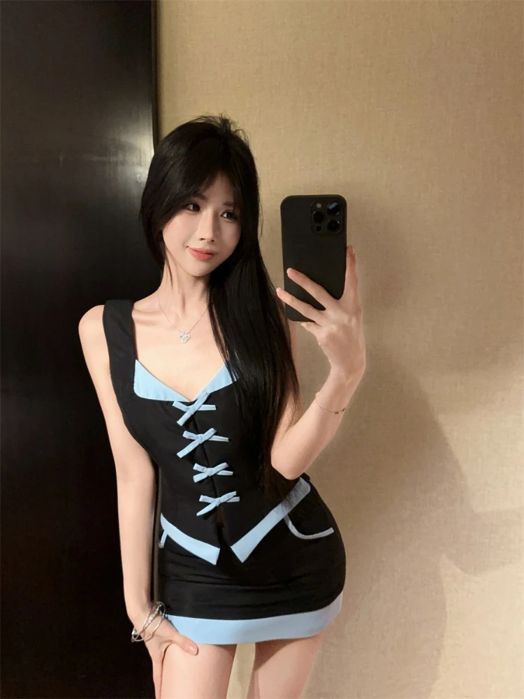 Butterfly Knot Slim Fit Design Color Blocked Sleeveless Tank Tops Mid-Wasited Sweet Half Skirt Sets Fashion 2 Piece Set