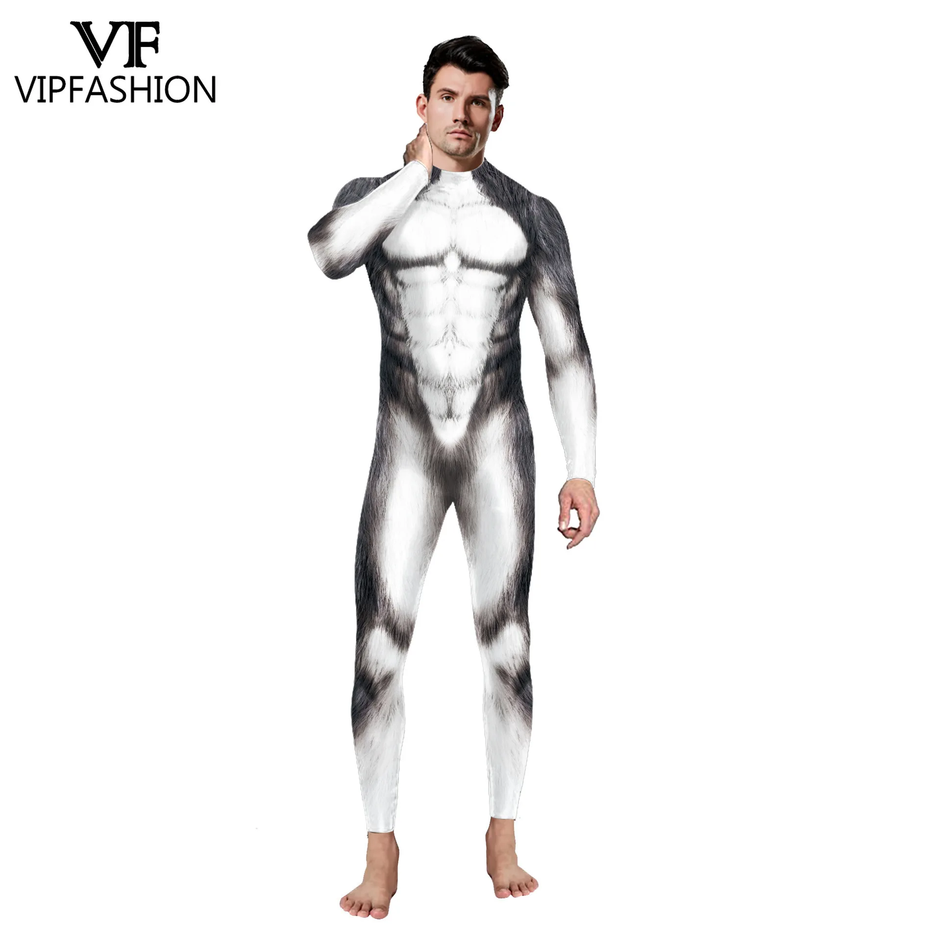 VIP FASHION Kombinezon z nadrukiem wilkołaka dla dorosłych Elastyczny kombinezon na Halloween Impreza zwierzęca Strój Cosplay Fantazyjny strój Zentai Strój Rave