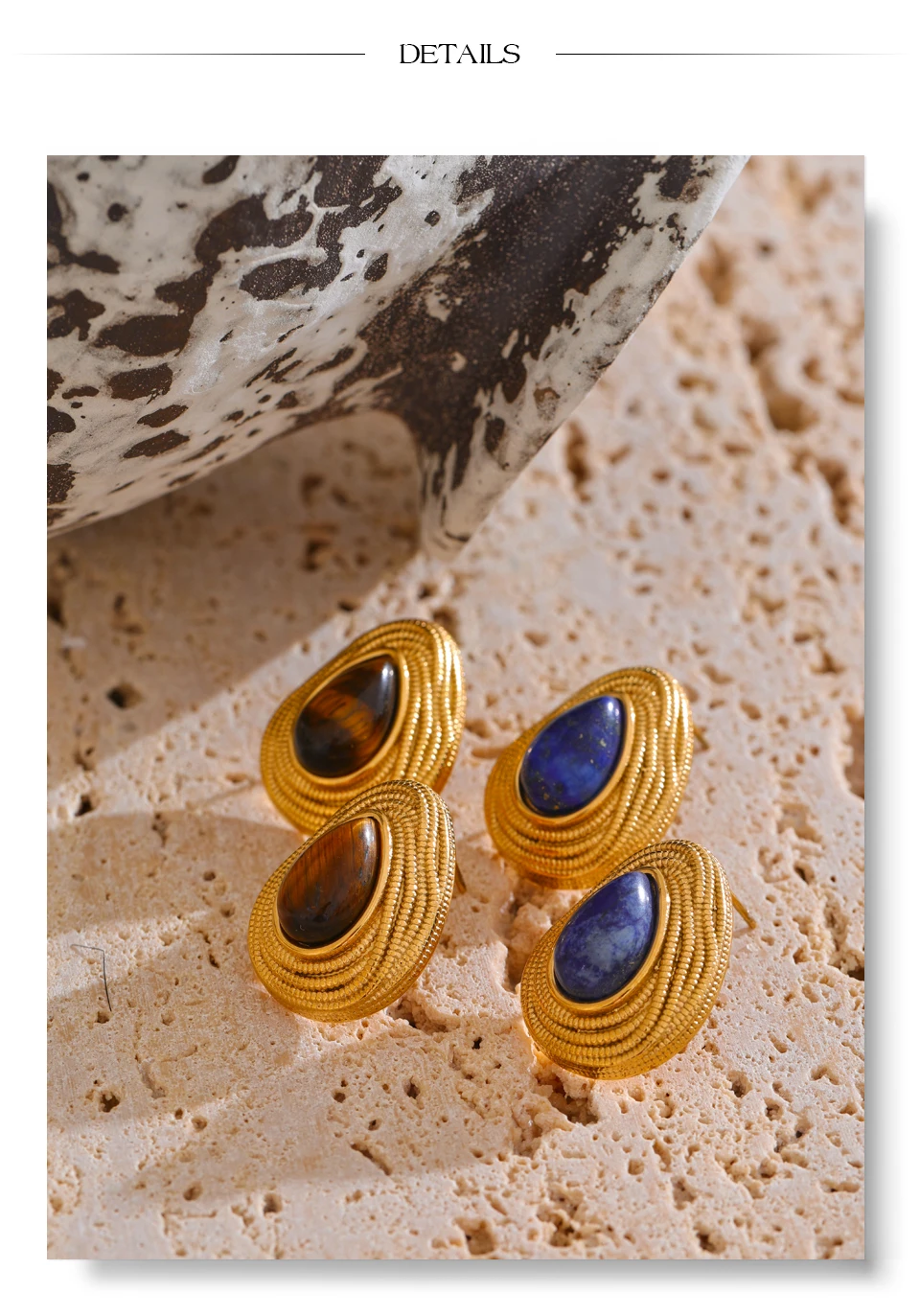 Yhpup Wassertropfen Naturstein Mode Geometrisch Täglich Ohrstecker Vintage Tiger Lapislazuli Charm Schmuck Gold Farbe PVD – Detail 17