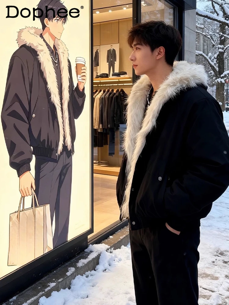 

Fashion Hooded Faux Fur Collar Parkas Jackets Men 2025 Winter New Thickened Warm Hoodies Coats High-End Stylish Hoodies Parkas