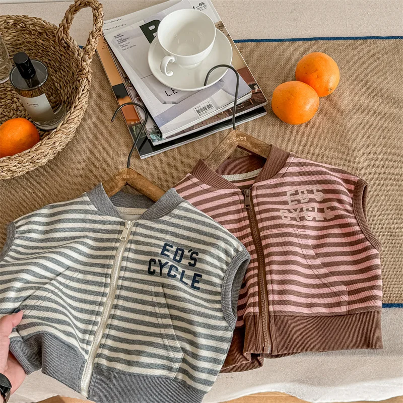 

Baby Boys Girls Striped Sweatshirt Vest Toddler Casual Cardigan Kids Clothes 2025 Autumn New Children Sleeveless Vest Coat