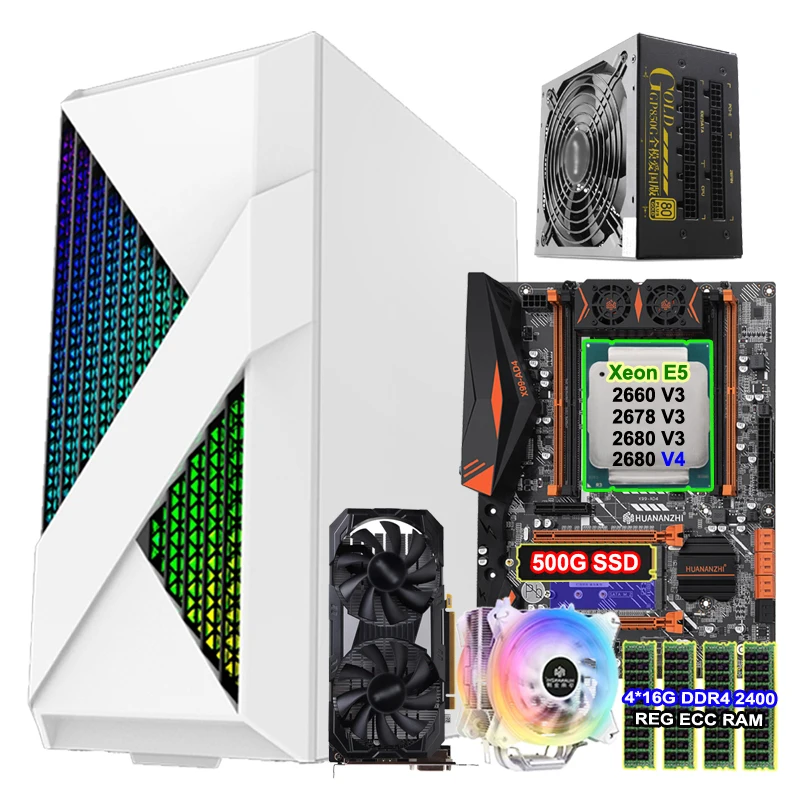 HUANANZHI Gaming PC X99-AD4 Motherboard Xeon 2678 V3 2680 V4 CPU Cooler 4*16G RAM 500G M.2 SSD GPU GTX1660 6GD5 750W PSU PC Case 