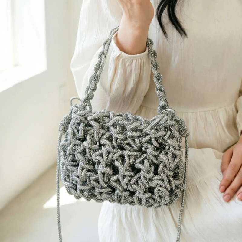Fashionable Silver Rhinestone Hollow-woven Evening Bag Shoulder Bag with Slanted Strap for Holding Mobile Phone Party Wedding