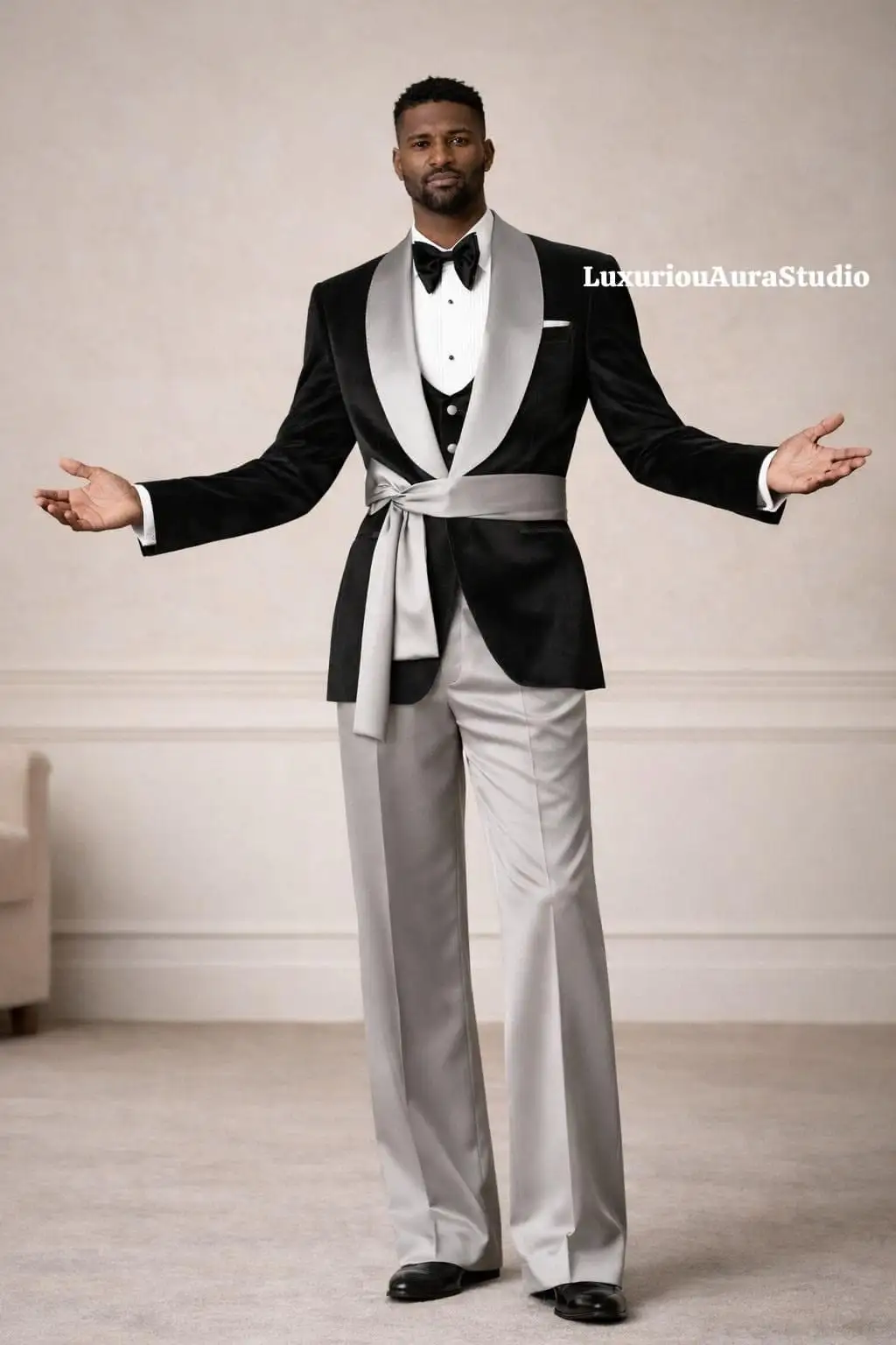 

Designer Black Men Suit Set 2 Pcs Blazer+Pants Trousers Grey Belted Customized Formal Office Jacket Wedding Tuxedos Prom Coat