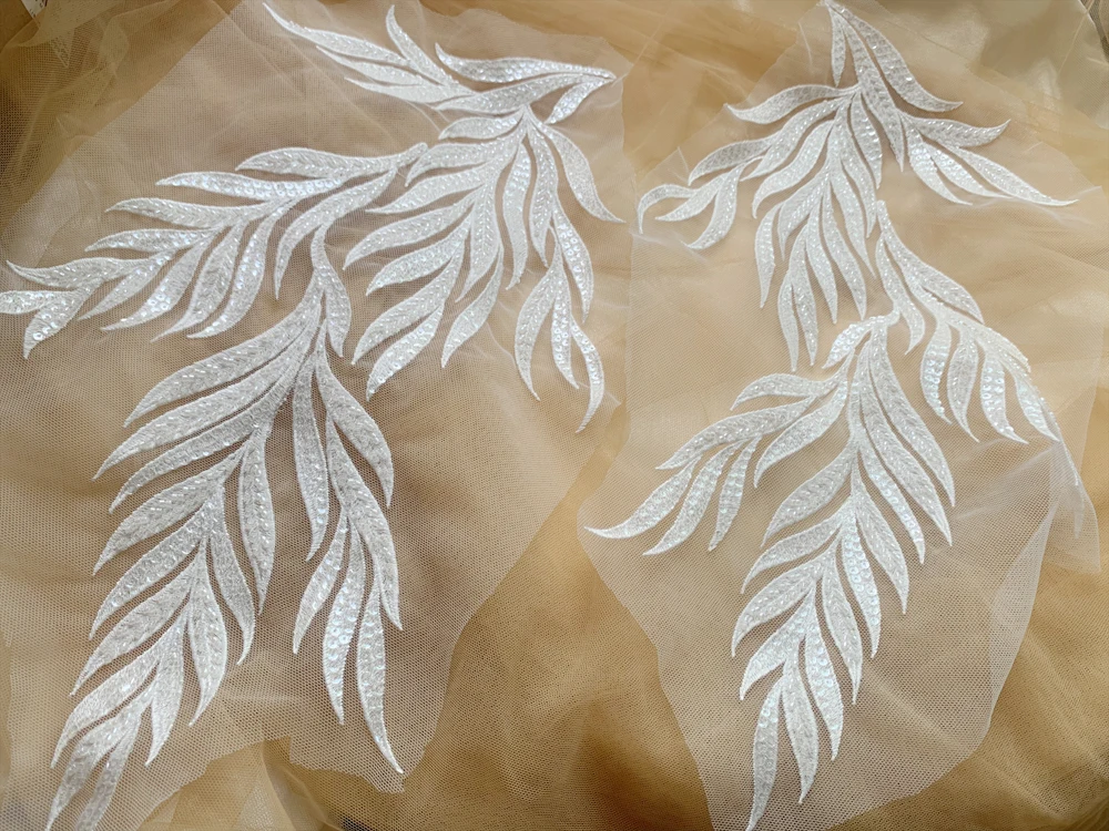 Advanced Customized Wedding Dress Bead Embroidery Leaf Lace, Mirror Flower, Off White Applique, DIY Bridal Accessories, 1Pair