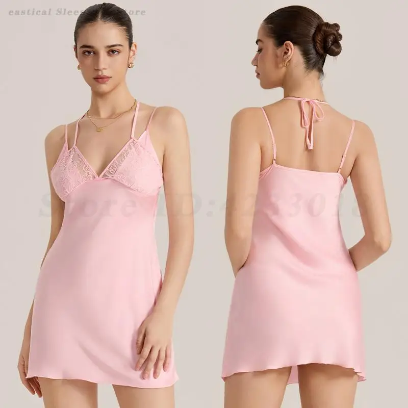

Sexy Lace Sleep Dress Lingerie Nightgown Hanging Suspender Nightdress Summer New Female Sleepwear Silk Satin Nightwear Home Wear