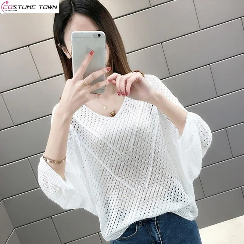 Thin V-neck Bat Sleeves T-shirt Women's Cover Up Loose Large Short Mesh Top Summer New Hollow Knit