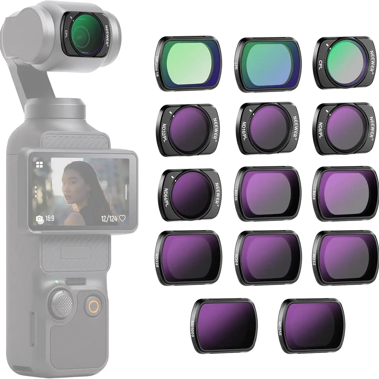 NEEWER Magnetische ND & CPL & Effectfilterset voor DJI OSMO Pocket 3, 14-pack CPL ND8/16/32/64/128/256/1000 ND8/PL ND16/PL ND32/PL - afbeelding 2