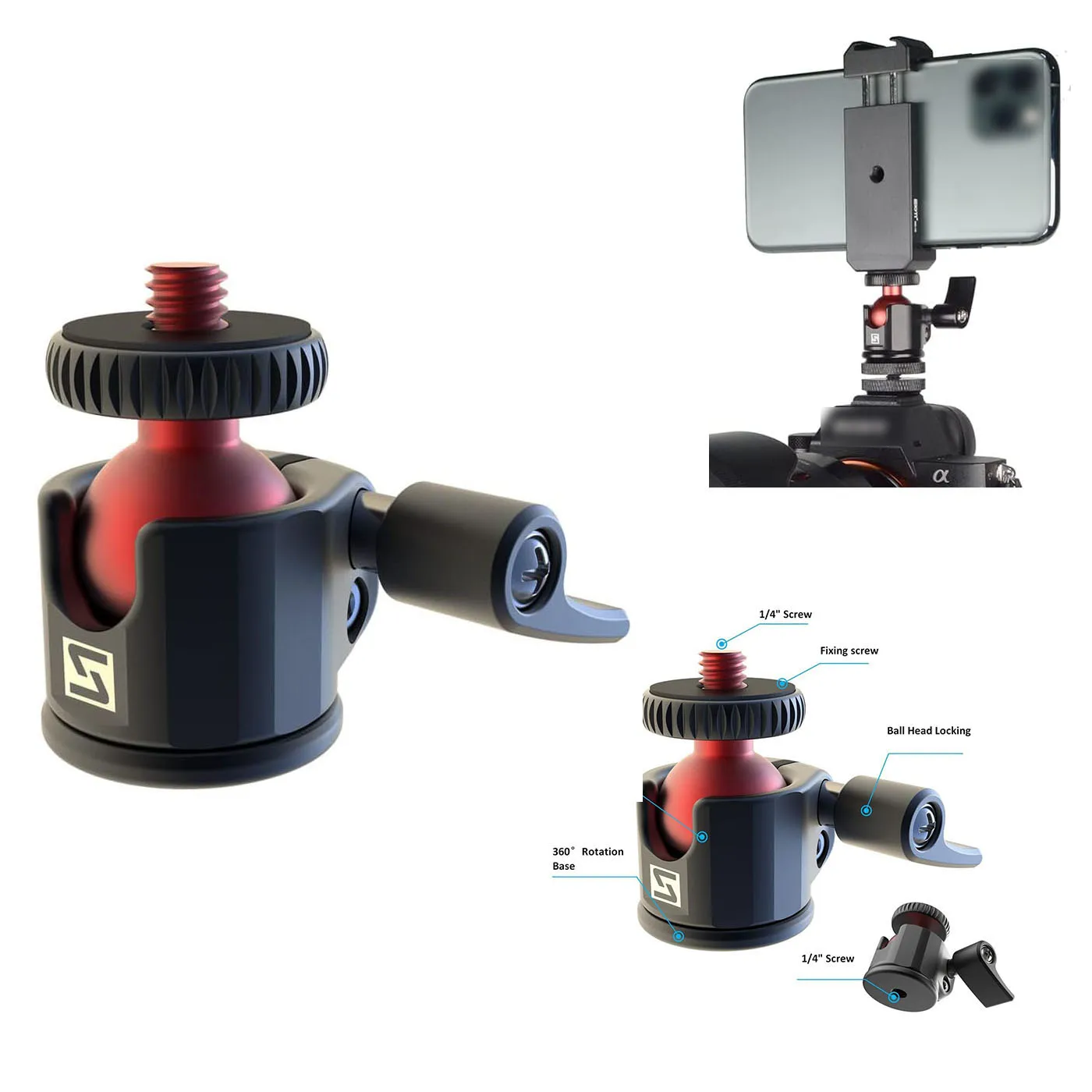 

SIOTI 22MM Tripod Ball Head 360 Degree Rotation for for DJI OSMO for GOPRO Action Camera For Gimbal Camera for Monopod for Ligh