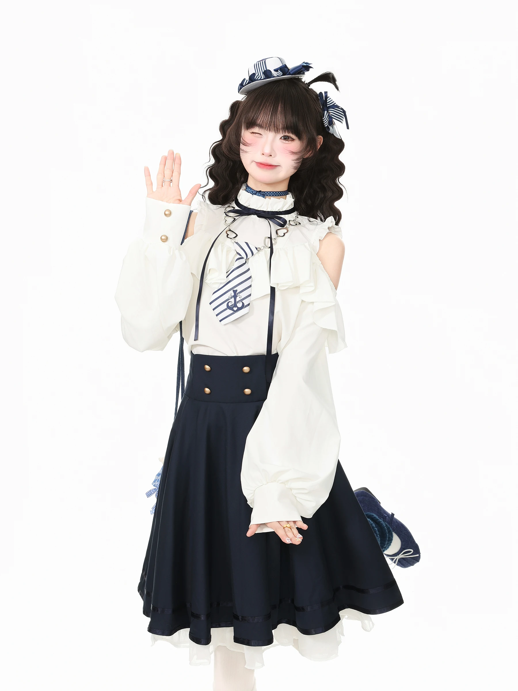 Autumn Blue Ghost Park Languid Park Japanese College Style Shoulder Bared Top Half Skirt Two Piece Set Women's Fashion Ensemble