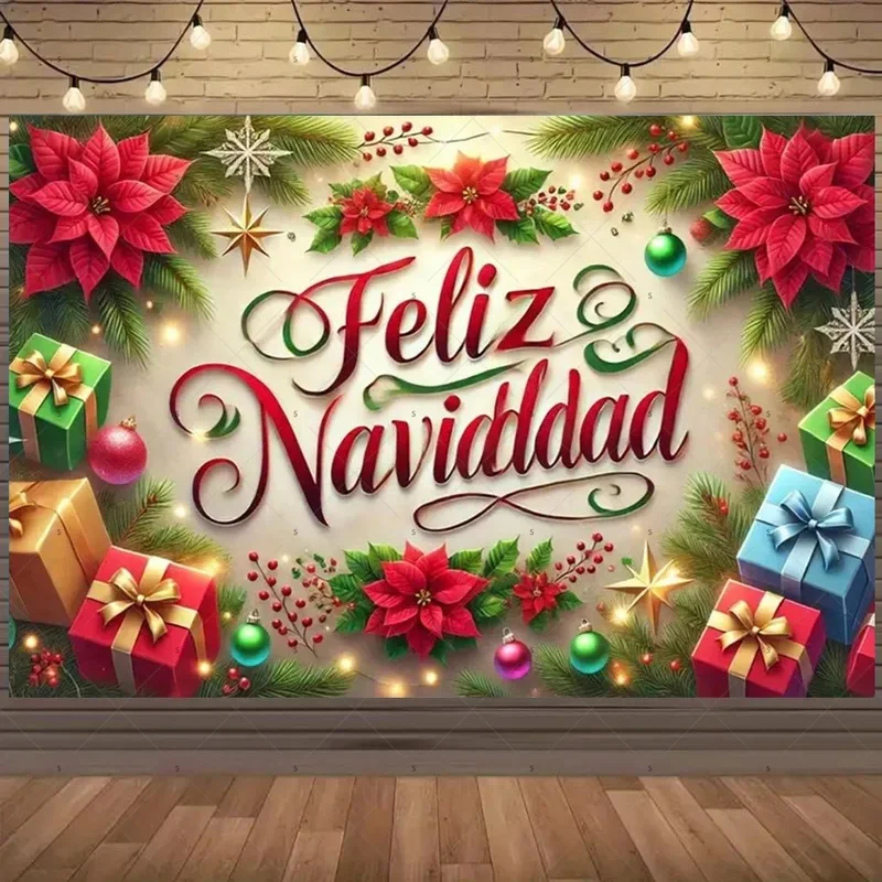 VIKAMA Feliz Navidad Tapestry Christmas Poinsettia Gift Box Wall Hanging Decor for Home Party Background