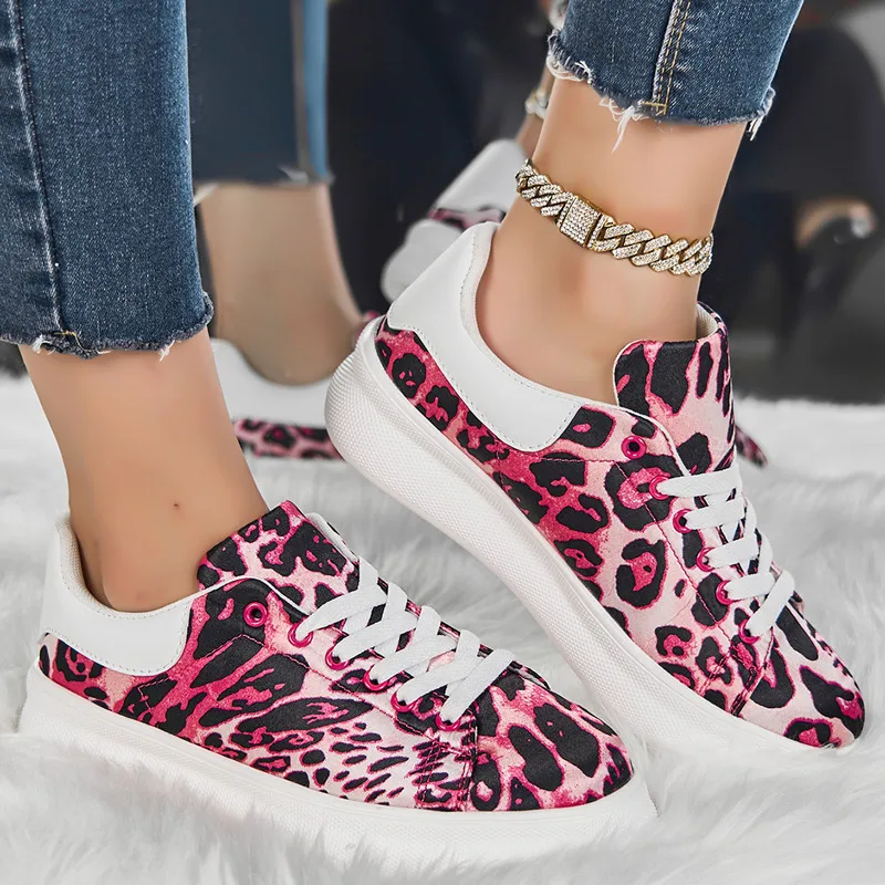 STRONGSHEN Women Fashion Canvas Casual Shoes Men Leopard Print Round Toe Lace-up Shoes Anti Slip Breathable Sneakers Size 36-44