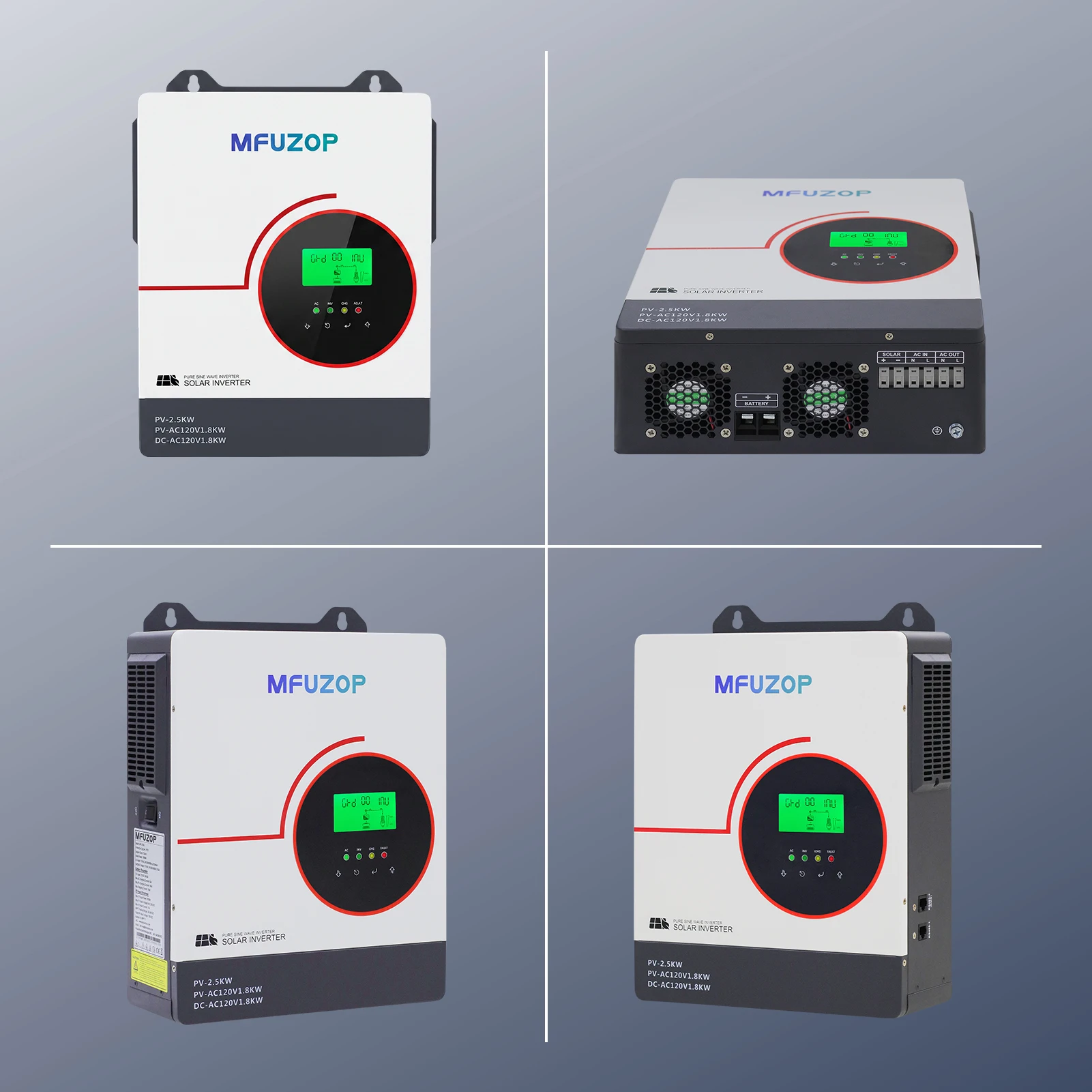 MFUZOP 1800W 12V Off-Grid Solar Inverter 2500W Max PV Input 100A Max Charging Current Pure Sine Wave 110/120V 60Hz