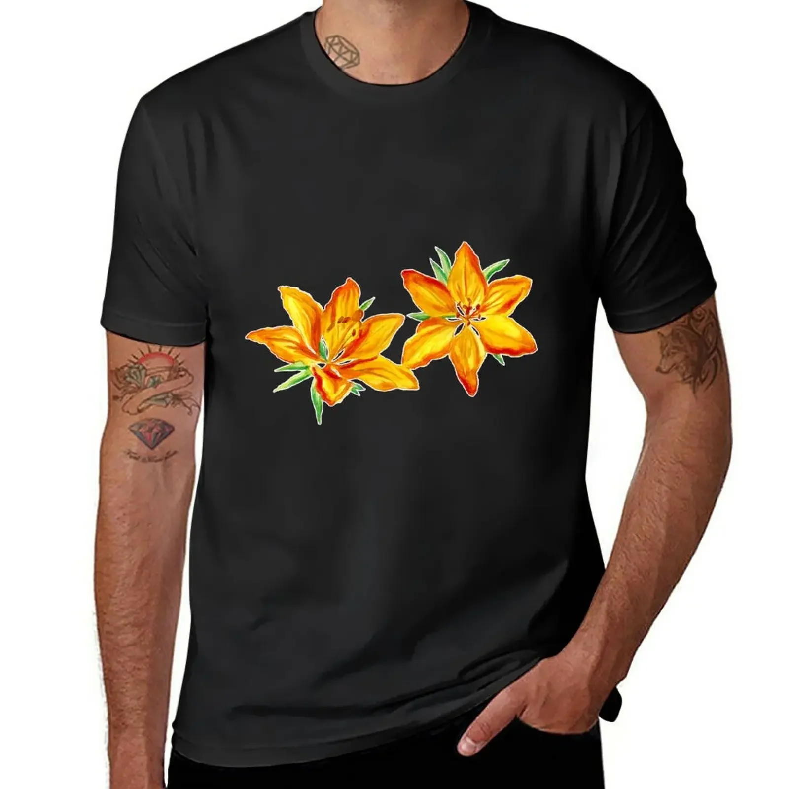 

Orange Painted Watercolor Lilies Floral Pattern T-Shirt sports fans kawaii clothes customs men clothing