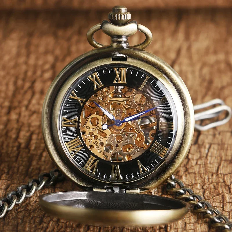 Bronze Hand-wind Mechanical Pocket Watch for Men Women Hollow Phoenix Design Roman Numeral Dial with Pendant Chain Clock
