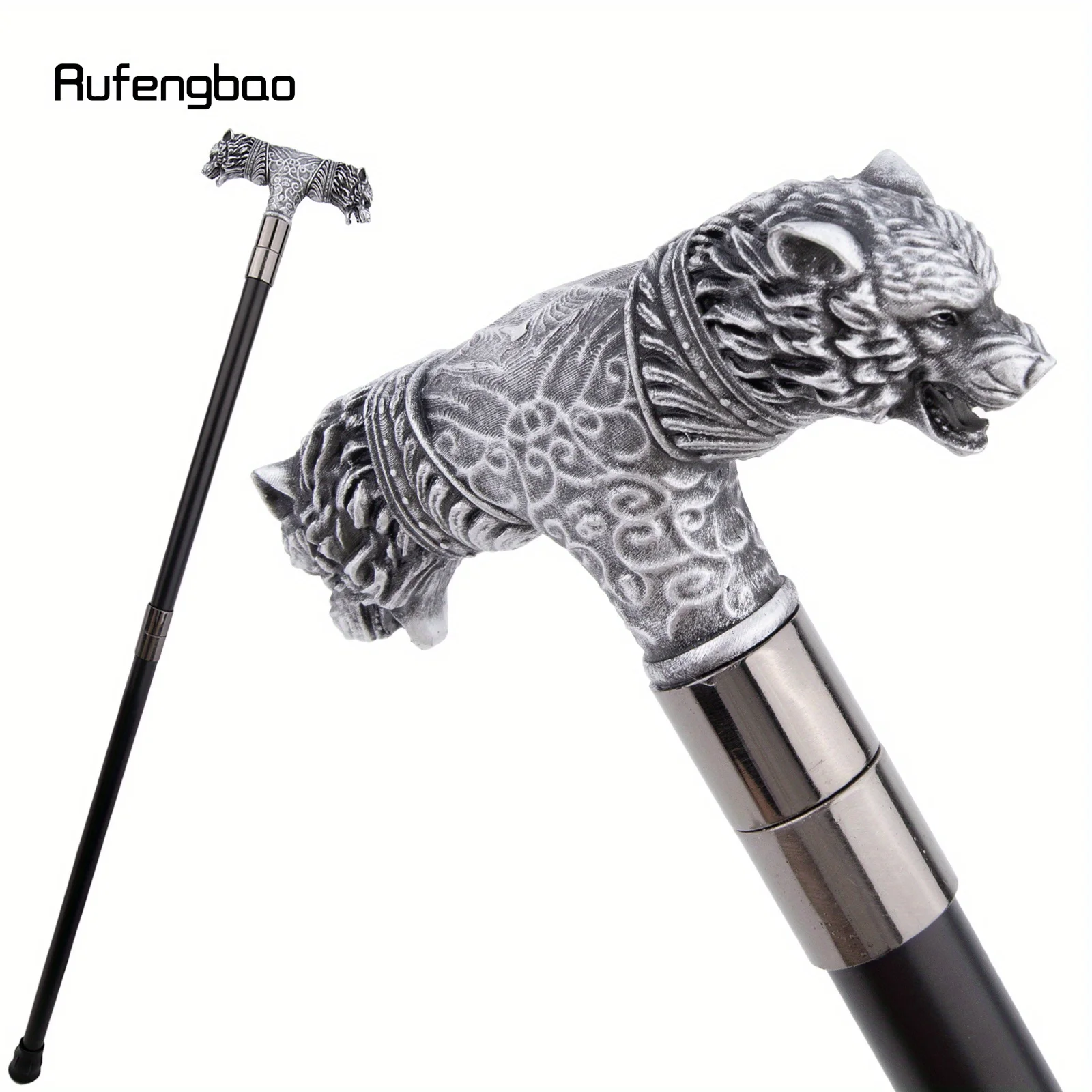 الفضة الراتنج الذئب مزدوجة رئيس عصا للمشي موضة الصلب عصا أنيقة تأثيري قصب مقبض Crosier أداء المرحلة قصب 92 سنتيمتر #4