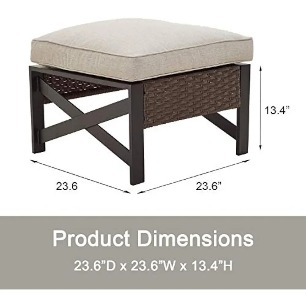 Outdoor Wicker Ottoman Patio Footstool Rattan Furniture Coffee Table All Weather Foot stools Seat with Cushion (Brown)