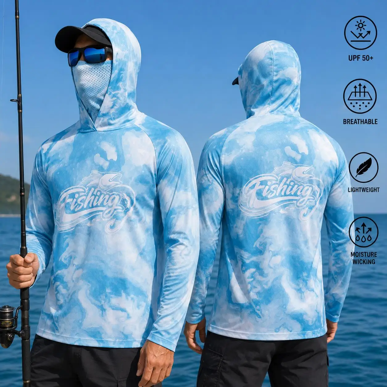 Long Sleeve Fishing Hoodie Protection Breathable Quick Dry Outdoor Fishing Shirt with Face Cover Hood Custom Print Sportswear