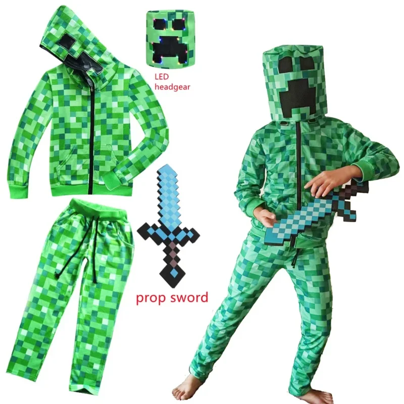 Nueva ropa deportiva para niños, disfraz de Halloween verde, ropa divertida, fiesta de cumpleaños, juegos M-Creeper para niños, conjunto de tocados