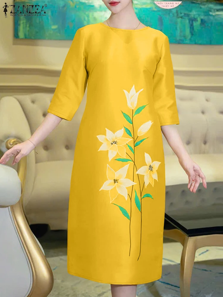 ZANZEA femmes Satin robe mi-longue 2025 automne décontracté ample col rond 3/4 manches impression florale Robes Femme élégant déplacements robes