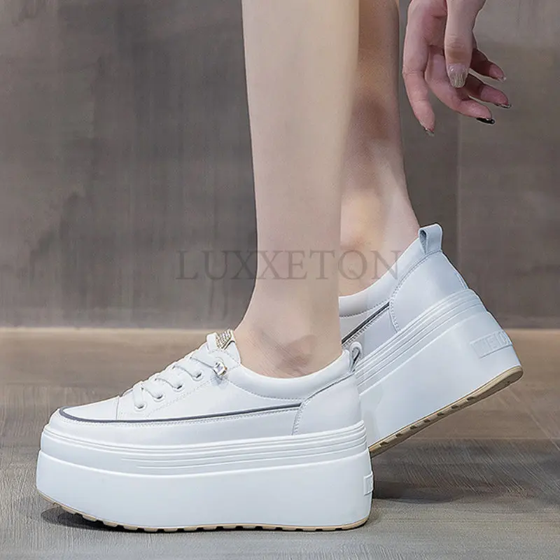 8cm White Genuine Leather Platform Heel Women Flats Shoes Comfortable Casual Creepers Chunky Sneaker Summer Shoes Women