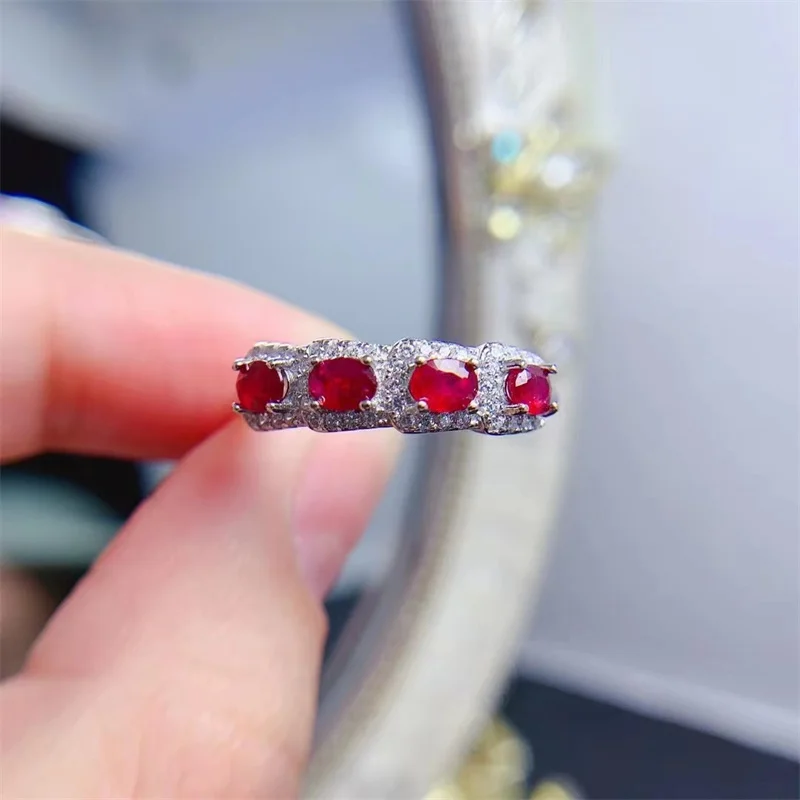 925 Silver Natural Pigeon Blood Ruby  Gemstone Row Ring Engagement Wedding Retro Ring for Women with Certificate