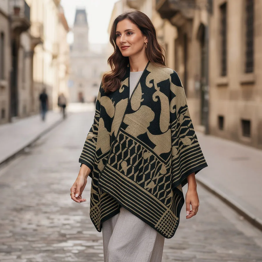 Women Geometric Jacquard Poncho Shawl Oversize Vintage Open Front Faux Cashmere Cape Autumn Winter Casual Travel Warm Wrap