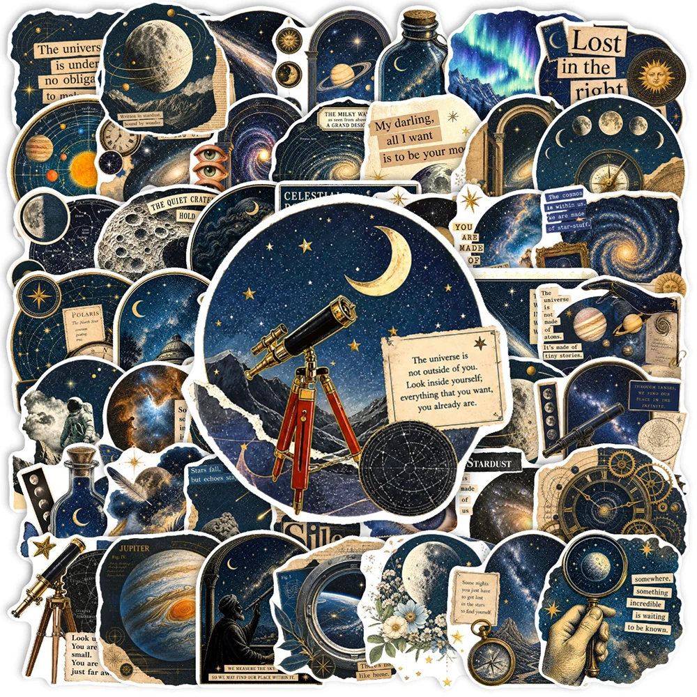10/30/50pcs Retro Universe Starry Sky Cartoon Stickers Galaxy Planet Moon Sun Aesthetic Decals Luggage Stationery Phone Sticker