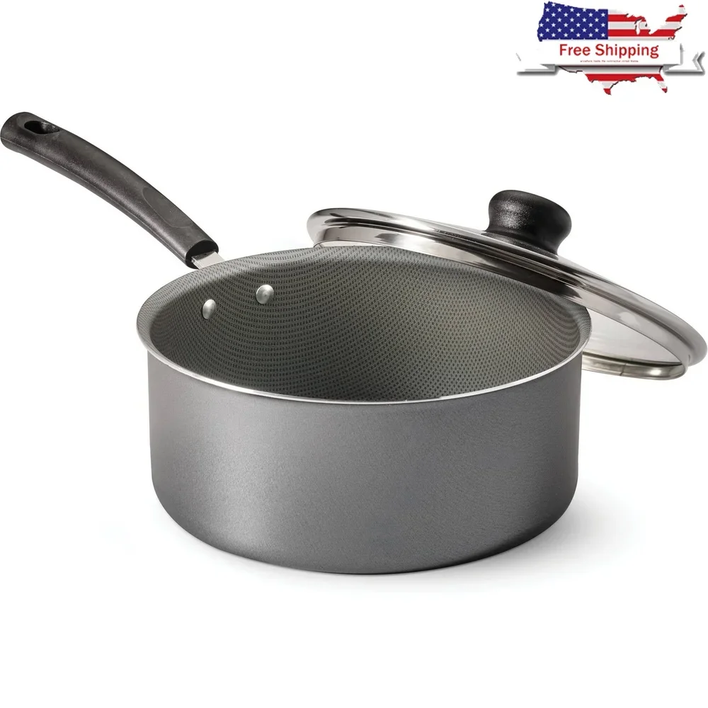 

Nonstick Covered Sauce Pan 3 Quart Aluminum Dishwasher Safe Easy Cleanup Stay Cool Handle Tempered Glass Lid Kitchen Cookware