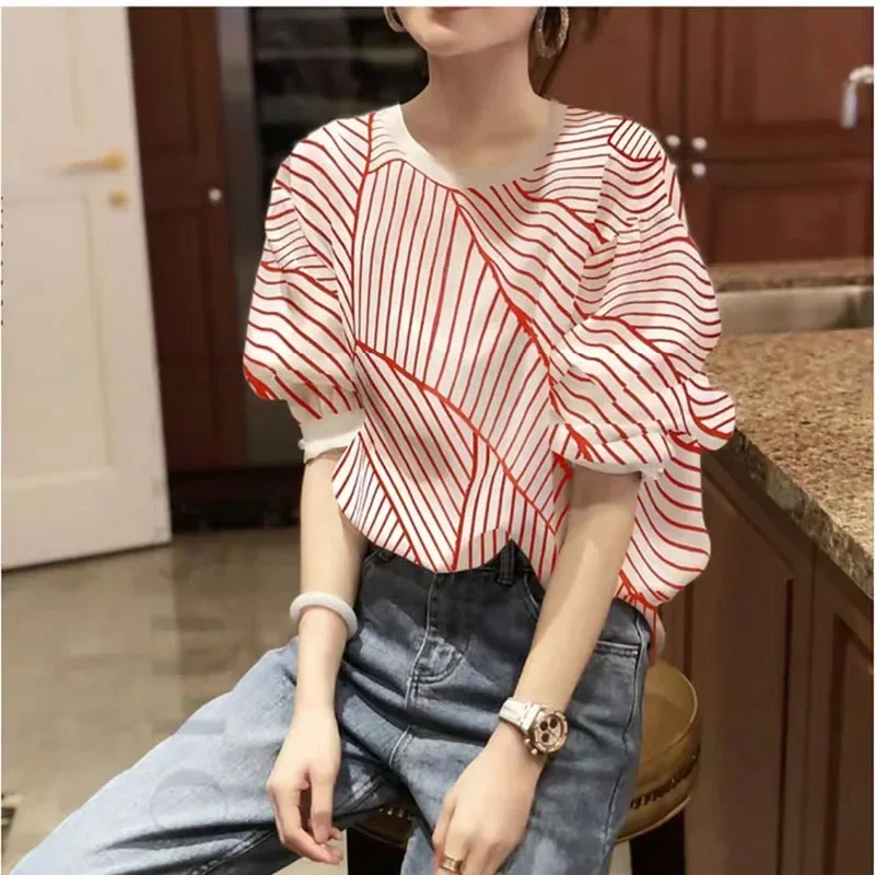 

2025 Fashion Printed O-Neck Lantern Sleeve Striped Blouse Women's Clothing Summer New Casual Pullovers Loose Korean Shirt Tops