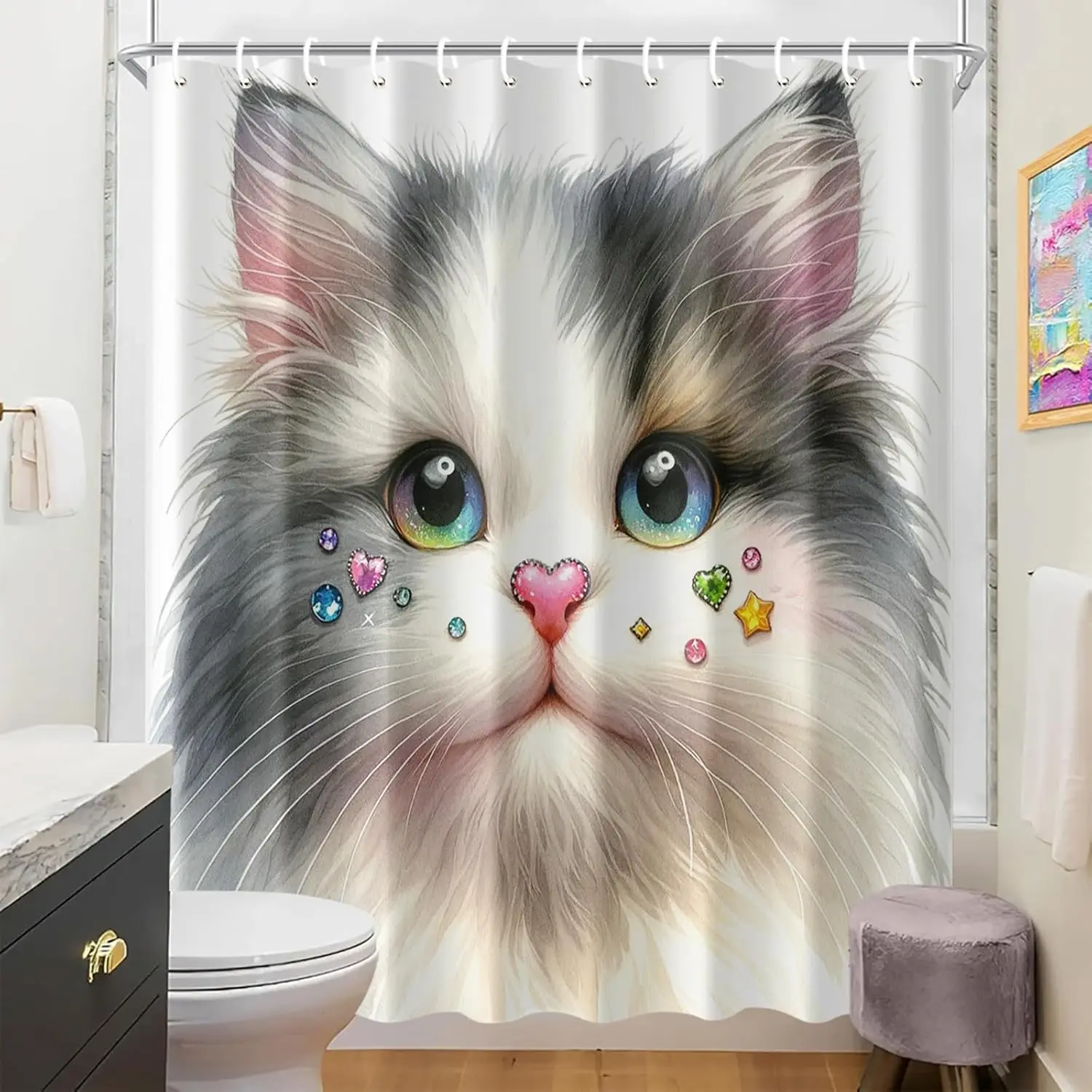 

Занавеска для душа с милым котом и крючками, пушистое лицо котенка, радужные глаза, розовое сердце, нос, драгоценность, щеки, ткань, декор для ванной комнаты
