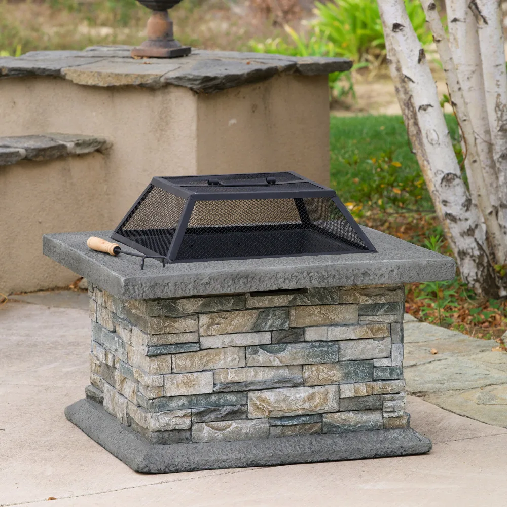 29x29 Inch Square MGO Fire Pit Fiberglass Reinforced Cement Outdoor Fire Table with Iron Shield for Patio Backyard Entertaining