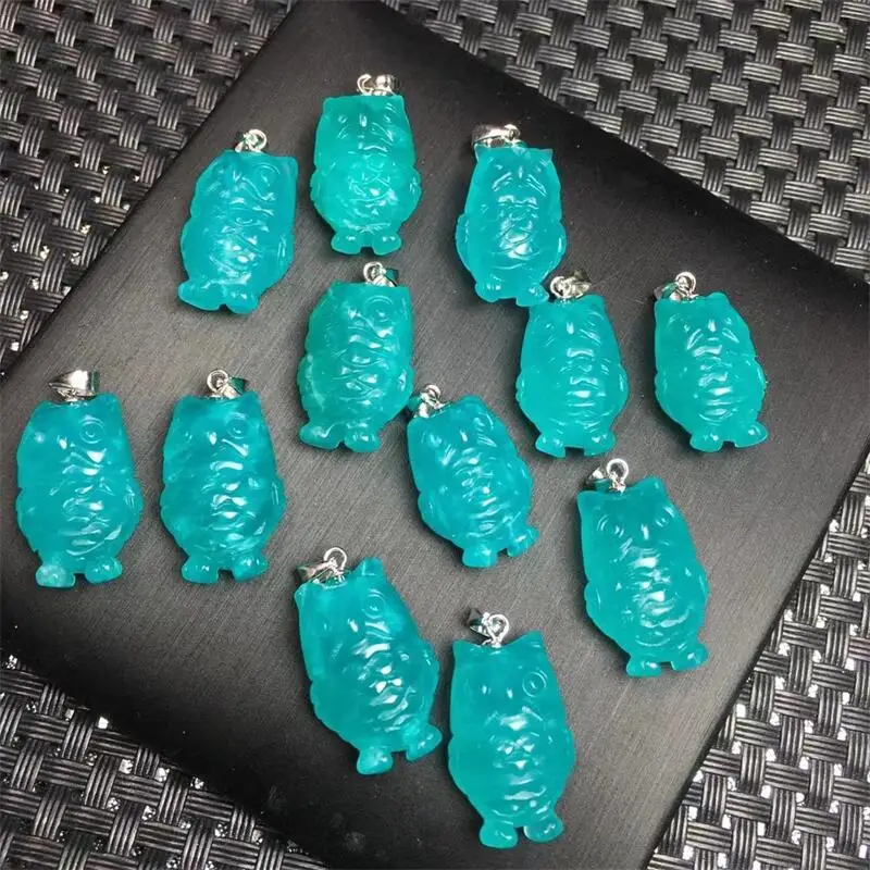 S925 Natural Amazonite Owl Pendant Cute Hand Made Animal Gemstone Crystal Healing Reiki Home Room Decor 1pcs