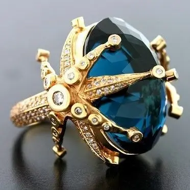 

Hot Selling 925 Silver Plated 18k Gold Peacock Blue Topaz Starfish Ring European And American Luxury Banquet Engagement Ring