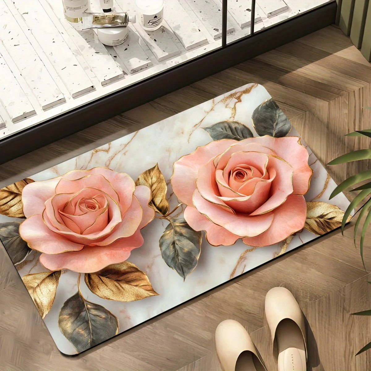 

1 шт. романтический коврик с рисунком розовых и золотых листьев, полиэфирная ткань, можно стирать в машине, подходит для спальни и гостиной