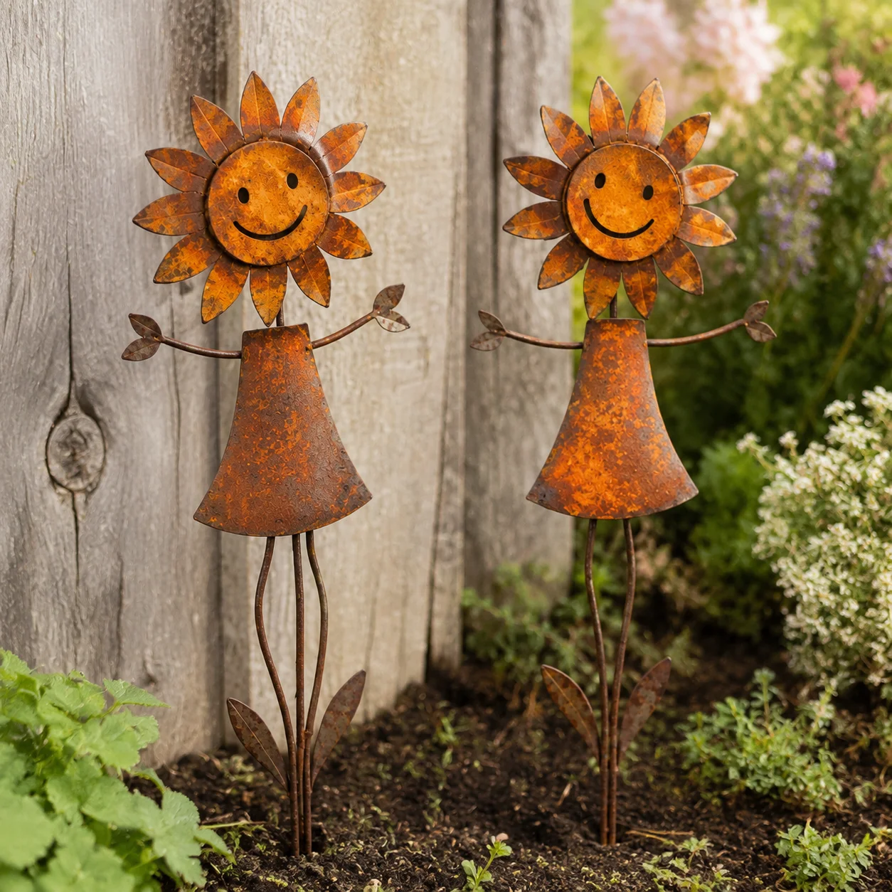 2-Pack Smiling Sunflower Metal Garden Stakes, 40cm Rustic Flower Yard Decor for Patio Lawn Planter Outdoor Decoration