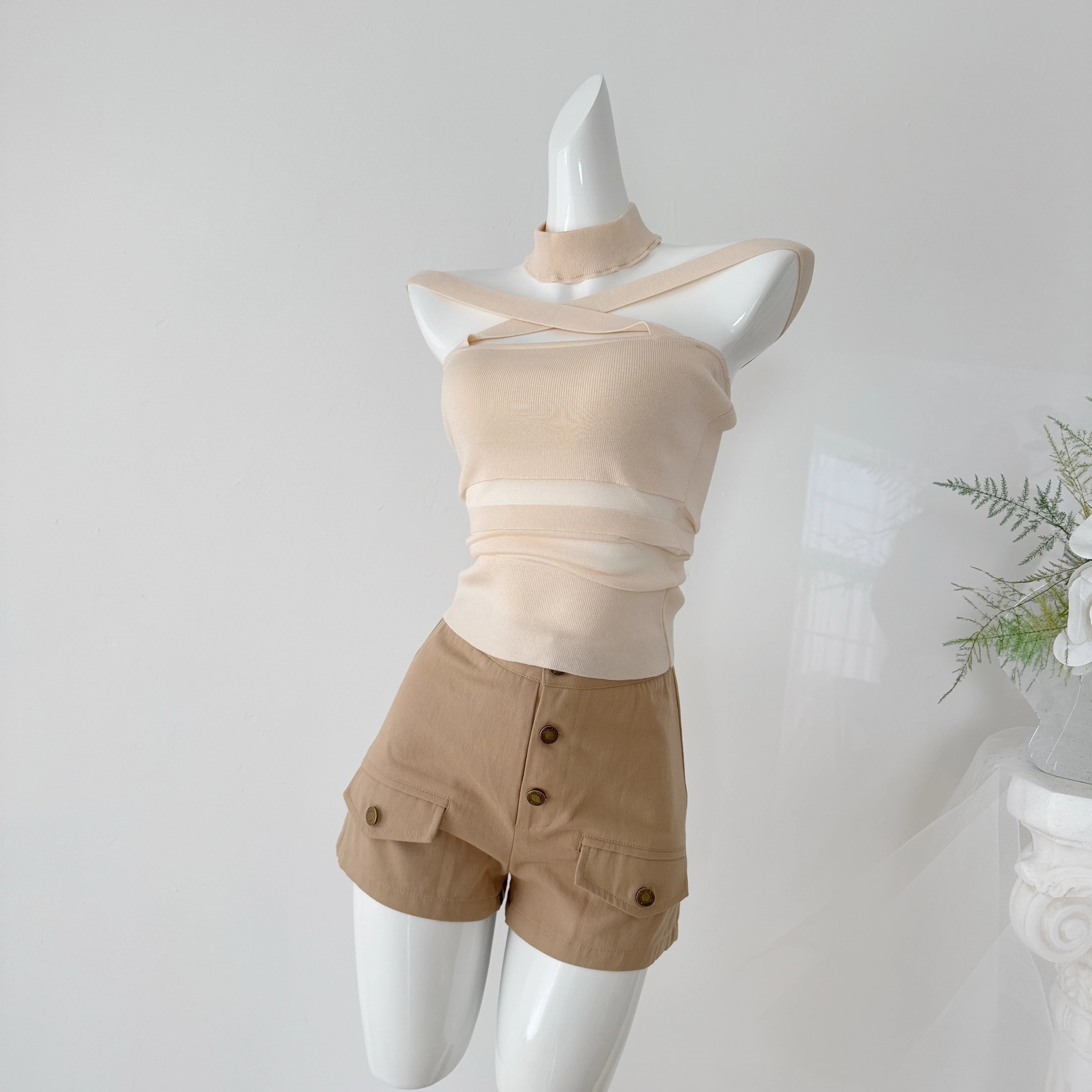 

Summer Korean Fashion Two-piece Shorts Sets Stretch Knitted Tops High Waist Casual Buttons Shorts Suits Women Outfits 2026 New