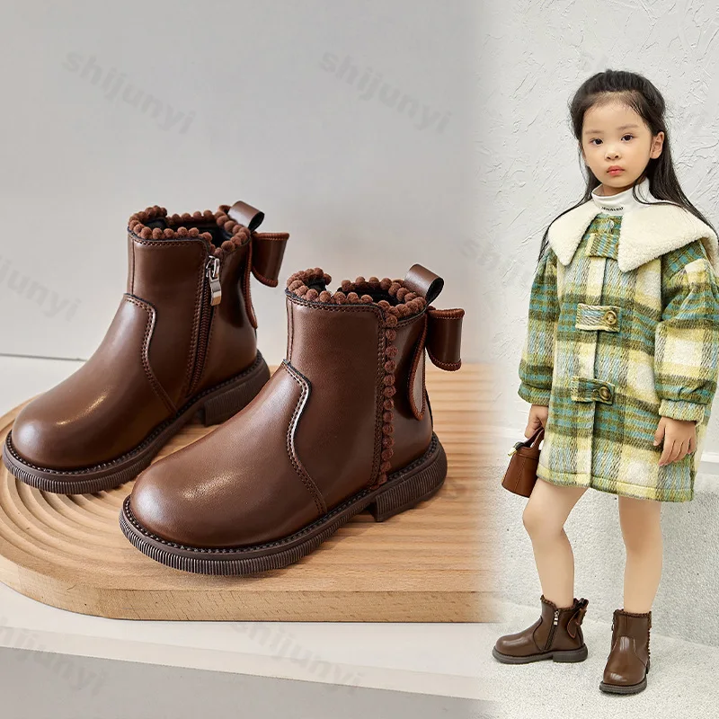 Girls Leather Boots 2025 Autumn Fashion Side Zipper Retro British Style Children's Fashion Princess Shoes Kids Ankle Boots Botas