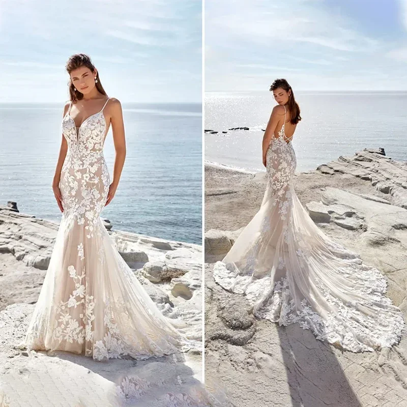 Abito da sposa abito da sposa Boho affascinante sirena senza spalline bottoni senza schienale lunghezza del tè Vestido De Novia per le donne