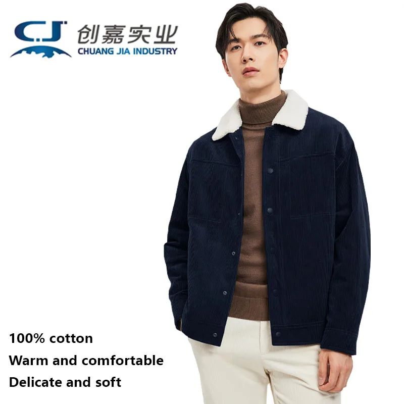 

100% Cotton Corduroy Autumn and Winter Men's Coat Lamb Velvet Collar Jacket Light Luxury Men's Warm Soft Temperament Elegant