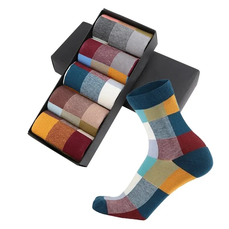 5Pairs/Combed Cotton Men's Socks Spring and Autumn Compression Socks Fashion Colorful Square Happy Dress Socks Men Size EU39-45