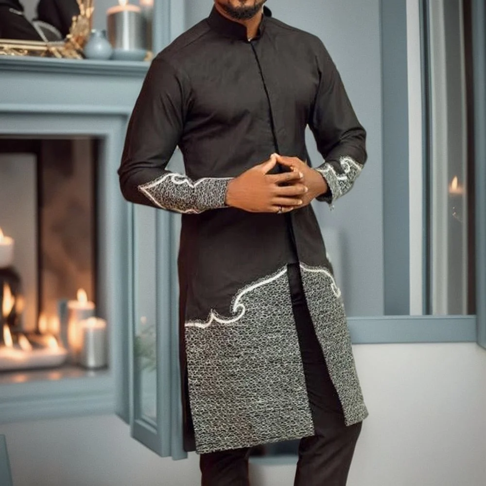 Dashiki African Men\'s Black Long-sleeved Printed Shirt 2piece Traditional National Dress Daily Casual Business Wedding Clothes