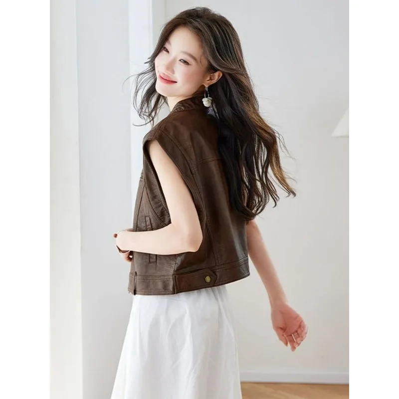 Retro Bike-style PU Leather Vest for Women, Short Sleeveless Vest, Zipper Vest, Versatile Casual Coat, Fashionable and Simple