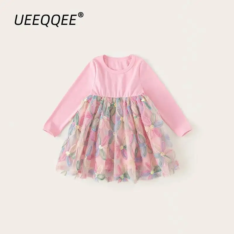 

Весенне-осенние детские платья для детей от 1 до 10 лет, повседневное сетчатое платье принцессы с длинными рукавами для девочек, корейская одежда для малышей, одежда для детей