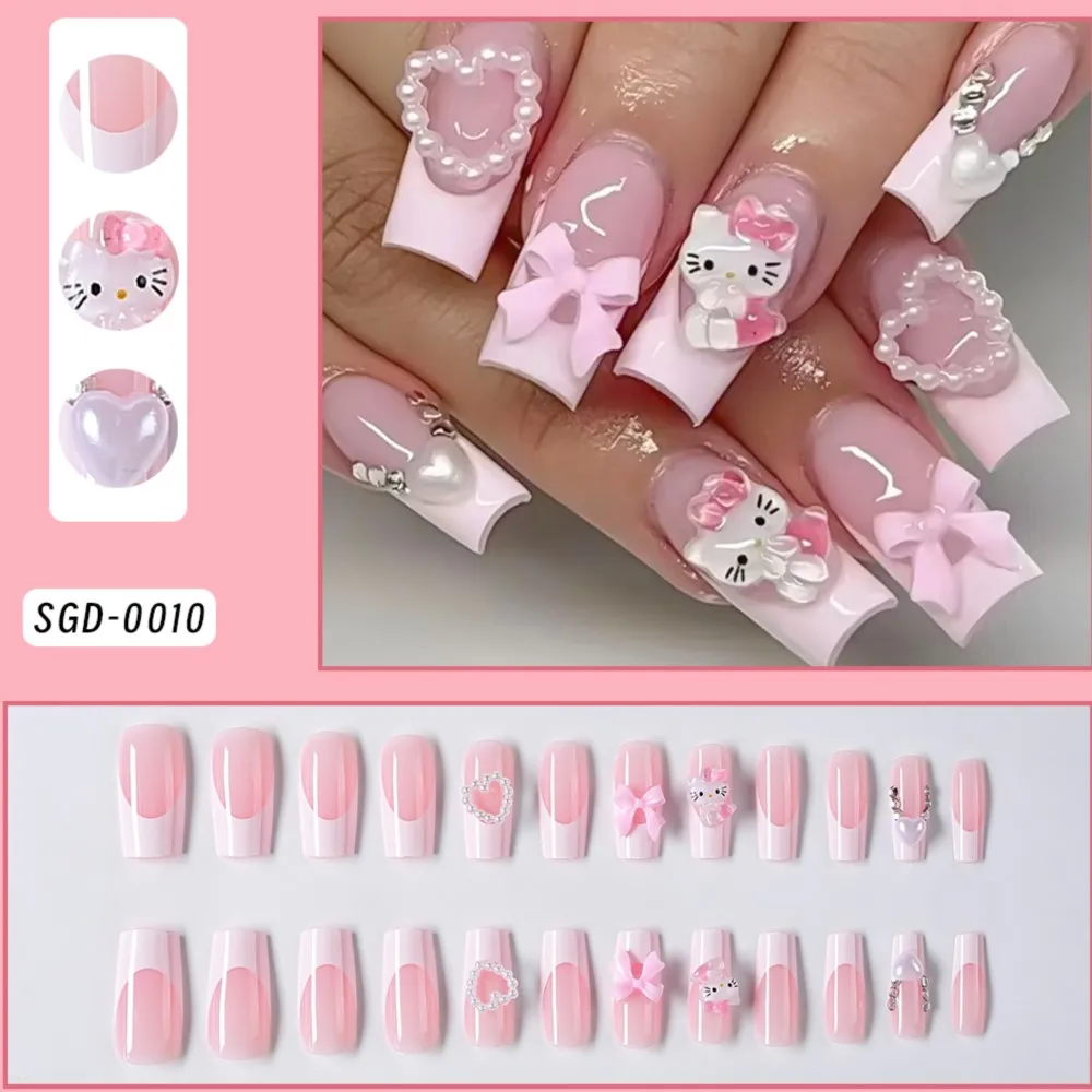 24 قطعة مرحبا كيتي Bowknot اضغط على الأظافر وهمية الوردي الباليه اللوز الفرنسية الأظافر كاذبة كيتي القط اللؤلؤ القلب تصميم أظافر وهمية نصائح #3